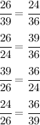 \cfrac{26}{39} = \cfrac{24}{36} 
\\\\
 \cfrac{26}{24} = \cfrac{39}{36} 
\\\\
 \cfrac{39}{26} = \cfrac{36}{24} 
\\\\
 \cfrac{24}{26} = \cfrac{36}{39}