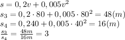 s=0,2v+0,005v ^2
\\\
s_3=0,2\cdot80+0,005\cdot80^2=48(m)
\\\
s_4=0,2\cdo40+0,005\cdot40^2=16(m)
\\\
 \frac{s_3}{s_4} = \frac{48m}{16m} =3