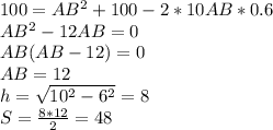 100=AB^2+100-2*10AB*0.6\\
AB^2-12AB=0\\
AB(AB-12)=0\\
AB=12\\
h=\sqrt{10^2-6^2}=8\\
S=\frac{8*12}{2}=48