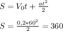 S=V_0t+\frac{at^2}{2}
\\\\S=\frac{0,2*60^2}{2}=360