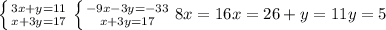 \left \{ {{3x+y=11} \atop {x+3y=17}} \right. 
 \left \{ {{-9x-3y=-33} \atop{x+3y=17}} \right. 
8x=16
x=2 6+y=11
y=5
