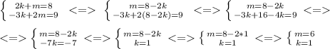 \left \{ {{2k+m=8} \atop {-3k+2m=9}} \right. \ <= \ \left \{ {{m=8-2k} \atop {-3k+2(8-2k)=9}} \right. \ <= \left \{ {{m=8-2k} \atop {-3k+16-4k=9}} \right. <=\\\ \\\
<= \left \{ {{m=8-2k} \atop {-7k=-7}} \right.<= \left \{{{m=8-2k} \atop {k=1}} \right.<= \left \{ {{m=8-2*1} \atop {k=1}} \right.<= \left \{ {{m=6} \atop {k=1}} \right.