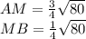 AM=\frac{3}{4}\sqrt{80}\\
MB=\frac{1}{4}\sqrt{80}