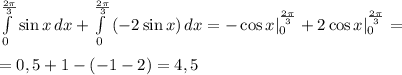 \int\limits^{\frac{2\pi}{3}}_0 {\sin x} \, dx + \int\limits^{\frac{2\pi}{3}}_0 {(-2\sin x)} \, dx = -\cos x|^{\frac{2\pi}{3}}_0 + 2\cos x |^{\frac{2\pi}{3}}_0=
\\\\=0,5+1-(-1-2)=4,5
