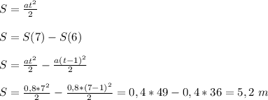 S=\frac{at^2}{2}
\\\\S=S(7)-S(6)
\\\\S=\frac{at^2}{2}-\frac{a(t-1)^2}{2}
\\\\S=\frac{0,8*7^2}{2}-\frac{0,8*(7-1)^2}{2}=0,4*49-0,4*36=5,2\ m