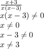 
 \frac{x+3}{x(x-3)} 
\\\
x(x-3) \neq 0
\\\
x \neq 0
\\\
x-3 \neq 0
\\\
x \neq 3