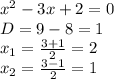 x^{2} - 3x + 2=0
\\\
D=9-8=1
\\\
x_1= \frac{3+1}{2} =2
\\\
x_2= \frac{3-1}{2} =1