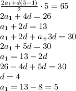 \frac{2a_1+d(5-1)}{2} \cdot5=65
\\\
2a_1+4d=26
\\\
a_1+2d=13
\\\
a_1+2d+a_+3d=30
\\\
2a_1+5d=30
\\\
a_1=13-2d
\\\
26-4d+5d=30
\\\
d=4
\\\
a_1=13-8=5