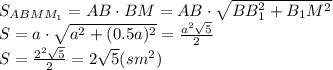 S_{ABMM_1}=AB\cdot BM=AB\cdot \sqrt{BB_1^2+B_1M^2}
\\\
S=a\cdot \sqrt{a^2+(0.5a)^2}= \frac{a^2 \sqrt{5} }{2} 
\\\
S= \frac{2^2 \sqrt{5} }{2} =2 \sqrt{5}(sm^2)
