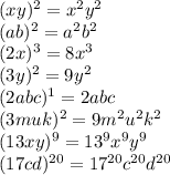 (xy)^2=x^2y^2
\\
(ab)^2=a^2b^2
\\
(2x)^3=8x^3
\\\
(3y)^2=9y^2
\\\
(2abc)^1=2abc
\\\
(3muk)^2=9m^2u^2k^2
\\\
(13xy)^9=13^9x^9y^9
\\\
(17cd)^{20}=17^{20}c^{20}d^{20}