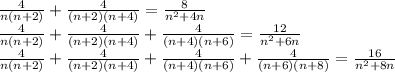 \frac{4}{n(n+2)}+\frac{4}{(n+2)(n+4)} =\frac{8}{n^2+4n}\\
\frac{4}{n(n+2)}+\frac{4}{(n+2)(n+4)}+\frac{4}{(n+4)(n+6)}=\frac{12}{n^2+6n}\\
\frac{4}{n(n+2)}+\frac{4}{(n+2)(n+4)}+\frac{4}{(n+4)(n+6)}+\frac{4}{(n+6)(n+8)} = \frac{16}{n^2+8n}\\
