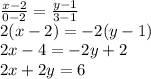 \frac{x-2}{0-2}=\frac{y-1}{3-1}\\
 2(x-2)=-2(y-1)\\
 2x-4=-2y+2\\
 2x+2y=6