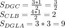 S_{DGC}=\frac{3*1}{2}=\frac{3}{2}\\
S_{CLB}=\frac{4*1}{2}=2\\
S_{DGLA}=3*3=9