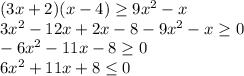 (3x+2)(x-4) \geq 9x^2-x\\\ 
3x^2-12x+2x-8-9x^2-x \geq 0\\\
-6x^2-11x-8 \geq 0\\\
6x^2+11x+8 \leq 0\\\
