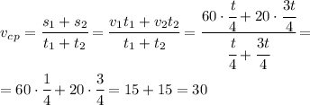 v_c_p= \cfrac{s_1+s_2}{t_1+t_2} = \cfrac{v_1t_1+v_2t_2}{t_1+t_2} =
\cfrac{60\cdot\cfrac{t}{4}+20\cdot\cfrac{3t}{4}}{ \cfrac{t}{4}+ \cfrac{3t}{4} } = \\\ =60\cdot\cfrac{1}{4}+20\cdot\cfrac{3}{4}=15+15=30