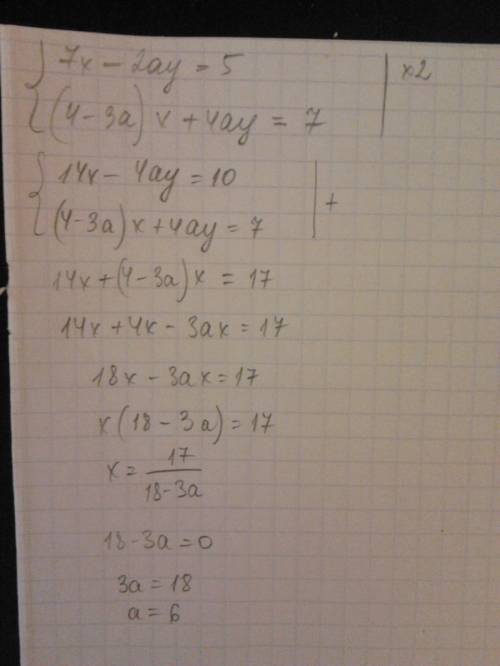 Система уравнений 7x-2ay=5 (4-3a)x+4ay=7 не имеет решений при следующих значениях а?