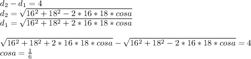 d_{2}-d_{1}=4\\
d_{2}=\sqrt{16^2+18^2-2*16*18*cosa}\\
d_{1}=\sqrt{16^2+18^2+2*16*18*cosa}\\
\\
\sqrt{16^2+18^2+2*16*18*cosa}-\sqrt{16^2+18^2-2*16*18*cosa}=4\\
cosa=\frac{1}{6}\\

