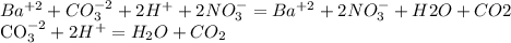 Ba^{+2}+CO_{3}^{-2}+2H^{+}+2NO_{3}^{-}=Ba^{+2}+2NO_{3}^{-}+H2O+CO2

CO_{3}^{-2}+2H^{+}=H_{2}O+CO_{2}