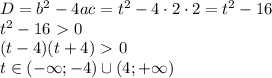 D=b^2-4ac=t^2-4\cdot2\cdot2=t^2-16\\
t^2-16\ \textgreater \ 0\\
(t-4)(t+4)\ \textgreater \ 0\\
t\in (-\infty; -4)\cup(4;+\infty)