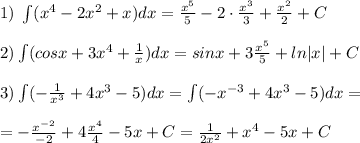 1)\; \int (x^4-2x^2+x)dx=\frac{x^5}{5}-2\cdot \frac{x^3}{3}+\frac{x^2}{2}+C\\\\2)\int(cosx+3x^4+\frac{1}{x})dx=sinx+3\frac{x^5}{5}+ln|x|+C\\\\3)\int(-\frac{1}{x^3}+4x^3-5)dx=\int(-x^{-3}+4x^3-5)dx=\\\\=-\frac{x^{-2}}{-2}+4\frac{x^4}{4}-5x+C=\frac{1}{2x^2}+x^4-5x+C

\\
