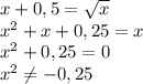 x+0,5= \sqrt{x} 
\\\
x^2+x+0,25=x
\\\
x^2+0,25=0
\\\
x^2 \neq -0,25