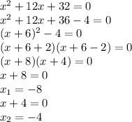 x^2+ 12x+32=0
\\\
x^2+ 12x+36-4=0
\\\
(x+6)^2-4=0
\\\
(x+6+2)(x+6-2)=0
\\\
(x+8)(x+4)=0
\\\
x+8=0
\\\
x_1=-8
\\\
x+4=0
\\\
x_2=-4