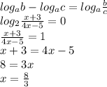 log_{a}b-log_{a}c= log_{a}\frac{b}{c}\\
 log_{2}\frac{x+3}{4x-5}=0\\
 \frac{x+3}{4x-5}=1\\
 x+3=4x-5\\
 8=3x\\
 x=\frac{8}{3}