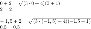 0+2= \sqrt{(3\cdot0+4)(0+1)} 
\\\
2=2
\\\\
-1,5+2= \sqrt{(3\cdot(-1,5)+4)(-1.5+1)} 
\\\
0.5=0.5