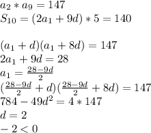 a_{2}*a_{9}=147\\
S_{10}=(2a_{1}+9d)*5=140\\
\\
(a_{1}+d)(a_{1}+8d)=147\\
2a_{1}+9d=28\
\\
a_{1}=\frac{28-9d}{2}\\
(\frac{28-9d}{2}+d)(\frac{28-9d}{2}+8d)=147\\
784-49d^2=4*147\\
d=2\\
-2<0
