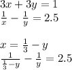 3x+3y=1\\
\frac{1}{x}-\frac{1}{y}=2.5\\
\\
x=\frac{1}{3}-y\\
\frac{1}{\frac{1}{3}-y} - \frac{1}{y}=2.5\\
