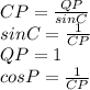 CP=\frac{QP}{sinC}\\
sinC=\frac{1}{CP}\\
QP=1\\
cosP=\frac{1}{CP}
