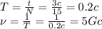 T= \frac{t}{N} = \frac{3c}{15}=0.2c 
\\\
\nu= \frac{1}{T} = \frac{1}{0.2c}=5Gc
