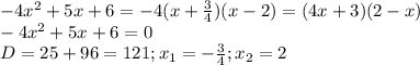 -4 x^{2} +5x+6=-4(x+ \frac{3}{4} )(x-2)=(4x+3)(2-x)\\
-4 x^{2} +5x+6=0\\
D=25+96=121; x_{1}=- \frac{3}{4} ; x_{2} =2\\