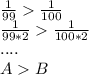 \frac{1}{99} \frac{1}{100}\\
\frac{1}{99*2}\frac{1}{100*2}\\
....\\
 AB