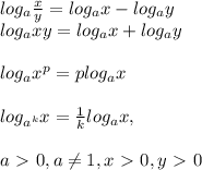 log_a \frac{x}{y} =log_ax-log_ay \\ log_a xy=log_ax+log_ay \\ \\ log_ax^p=plog_ax \\ \\ log_{a^k}x= \frac{1}{k}log_ax, \\ \\ 
a\ \textgreater \ 0,a \neq 1,x\ \textgreater \ 0,y\ \textgreater \ 0