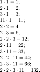 1\cdot1=1;\\
2\cdot1=2;\\
3\cdot1=3;\\
11\cdot1=11;\\
2\cdot2 = 4;\\
2 \cdot3 = 6;\\ 2\cdot2\cdot3=12;\\
2\cdot11 = 22;\\
3\cdot11=33;\\ 2\cdot2\cdot11=44;\\ 
2\cdot3\cdot11=66;\\
2\cdot2\cdot3\cdot11=132.

