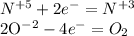 N^{+5}+2 e^{-} = N^{+3}

2O^{-2}-4 e^{-} = O_{2}