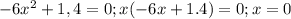 -6x^{2} +1,4=0;
 x(-6x+1.4)=0;
 x=0