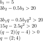 b_{1}=5\\ 3b_{2}-0.5b_{3}20\\ \\ 3b_{1}q-0.5b_{1}q^220\\
15q-2.5q^220\\
(q-2)(q-4)0\\
q = (2;4)
