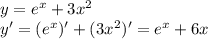 y=e^{x}+3 x^{2} \\ 
y'=(e^{x})'+(3 x^{2} )'=e^{x}+6x