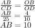 \frac{AB}{CD} = \frac{OB}{OD} 
\\\
 \frac{AB}{25} = \frac{4}{10} 
\\\
AB=10
