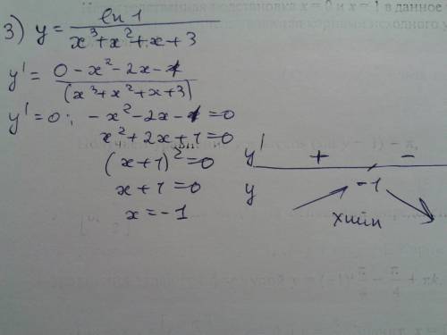 Иследовать функции на монотонность и экстремумы 1)у=x^4-4 ln x 2)y=1-3x+5e^x-e^2x 3)y=ln 1\x^3+x^2+x
