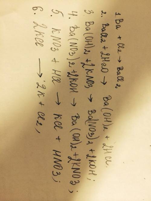 Надо ba⇒bacl2⇒ba(oh)2⇒ba(no3)2⇒kno3⇒kcl⇒k