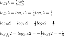 log_35=\frac{log_25}{log_23} \\ \\ log_82=log_{2^3}2}=\frac{1}{3}log_22=\frac{1}{3} \\ \\ 
log_{16}2=log_{2^4}2}=\frac{1}{4}log_22=\frac{1}{4} \\ \\ log_{\frac{1}{32}}2=log_{2^{-5}}2}=-\frac{1}{5}log_22=-\frac{1}{5}