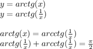 y=arctg(x)\\
y=arctg(\frac{1}{x})\\
\\
arctg(x)=arcctg(\frac{1}{x})\\
arctg(\frac{1}{x})+arcctg(\frac{1}{x})=\frac{\pi}{2}