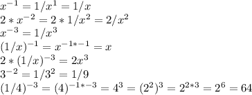 x^{-1}=1/x^1=1/x \\ 2*x^{-2}=2*1/x^2=2/x^2 \\ x^{-3}=1/x^3 \\ (1/x)^{-1}=x^{-1*-1}=x \\ 2*(1/x)^{-3}=2x^3 \\ 
3^{-2}=1/3^2=1/9 \\ (1/4)^{-3}=(4)^{-1*-3}=4^3=(2^2)^3=2^{2*3}=2^6=64