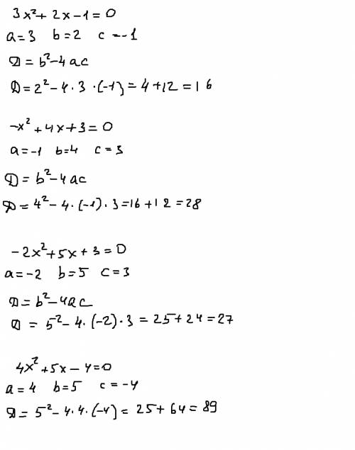 Найдите дискриминант квадратного уравнения: а) 3x^2+2x-1=0 б) -x^2+4x+3=0 в) -2x^2+5x+3=0 г) 4x^2+5x