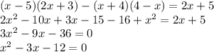 (x-5)(2x+3)-(x+4)(4-x)=2x+5\\
2x^2-10x+3x-15-16+x^2=2x+5\\
3x^2-9x-36=0\\
x^2-3x-12=0