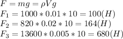F=mg=\rho Vg\\
F_1=1000*0.01*10=100(H)\\
F_2=820*0.02*10=164(H)\\
F_3=13600*0.005*10=680(H)
