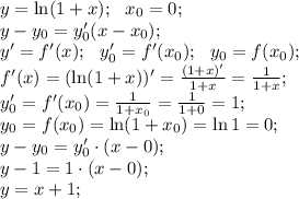 y=\ln(1+x);\ \ x_0=0;\\
y-y_0=y'_0(x-x_0);\\
y'=f'(x); \ \ y'_0=f'(x_0);\ \ y_0=f(x_0);\\
f'(x)=(\ln(1+x))'=\frac{(1+x)'}{1+x}=\frac{1}{1+x};\\
y'_0=f'(x_0)=\frac{1}{1+x_0}=\frac{1}{1+0}=1;\\
y_0=f(x_0)=\ln(1+x_0)=\ln1=0;\\
y-y_0=y'_0\cdot(x-0);\\
y-1=1\cdot(x-0);\\
y=x+1;